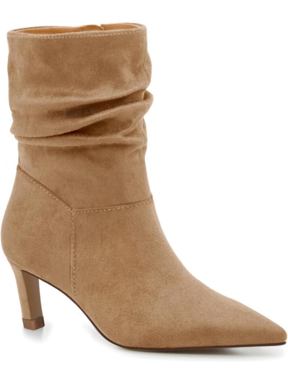 Women's Light Brown Slouch Ankle Boots Kitten Low Heels Pointed Toe Zip Booties